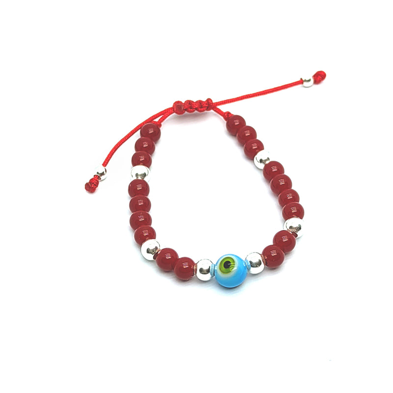 Pulsera para Bebé de Coral Rojo Ojo Turco y Plata Fina