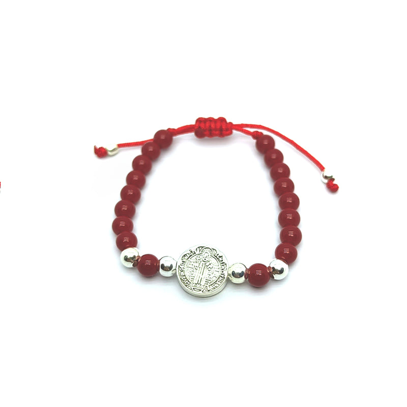 Pulsera para Bebé con San Benito y Coral Rojo Plata Fina