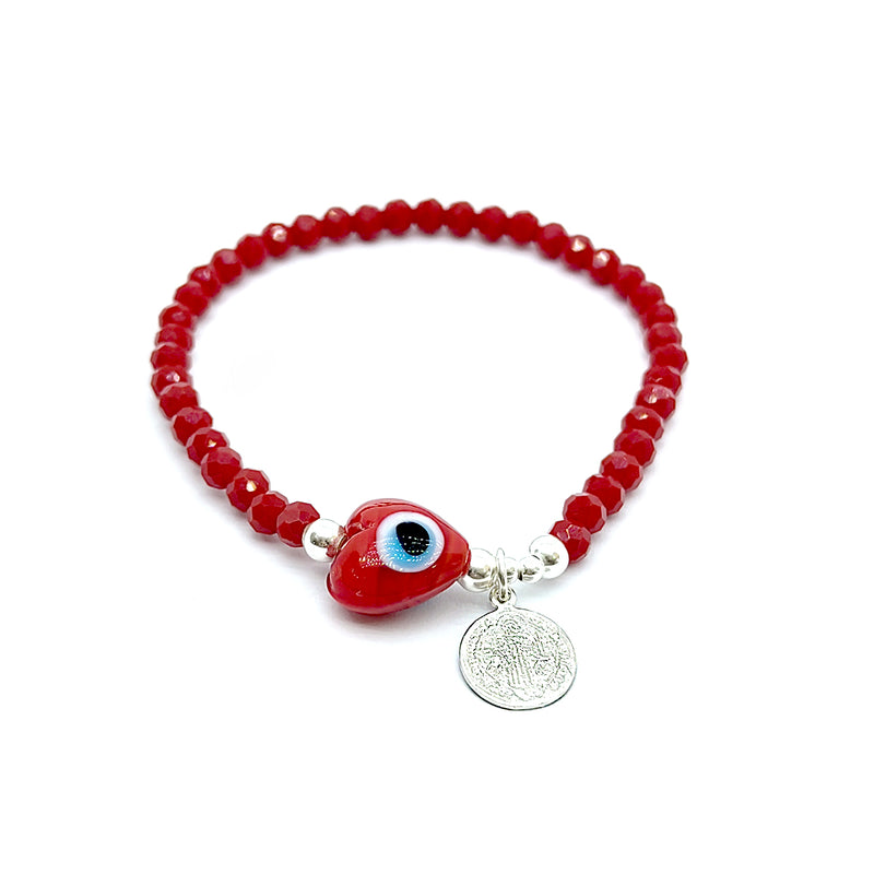 Pulsera Corazon De Ojo Turco y San Benito Abad Plata 925