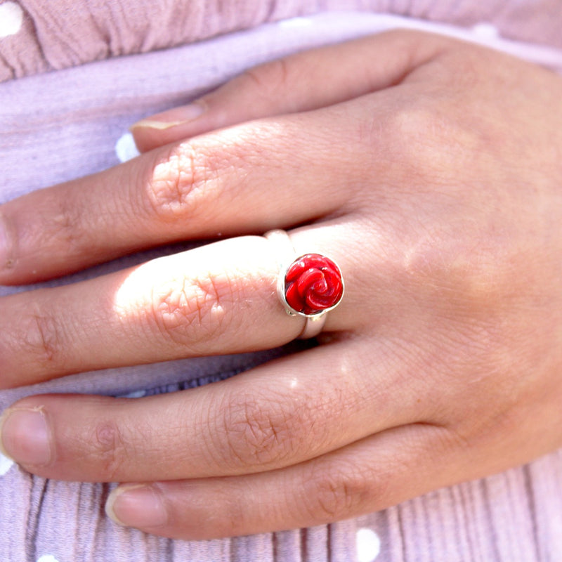 Anillo Rosa Roja Coral Plata 925